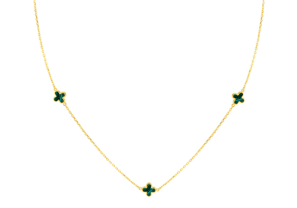 9K Yellow Gold 3 Malachite Petal Necklace 40-42.5 cm