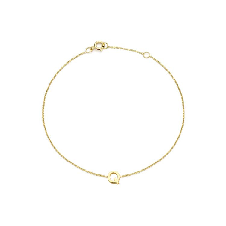 9K Yellow Gold Mini Initial 'Q' Bracelet 15.5-19cm