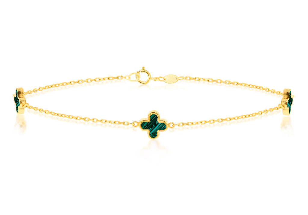 9K Yellow Gold 3 Malachite Petal Bracelet 19 cm