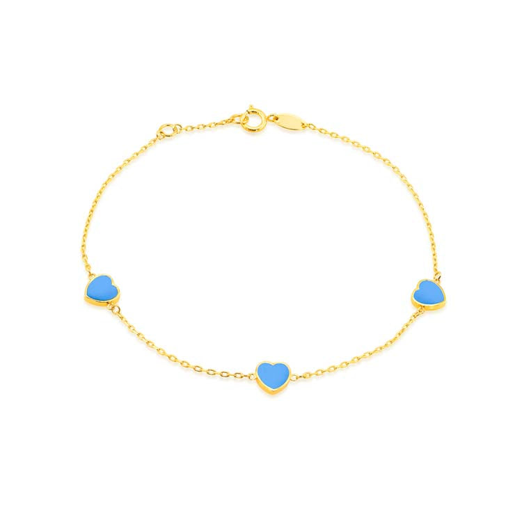9K Yellow Gold Turquoise Heart Bracelet 19cm