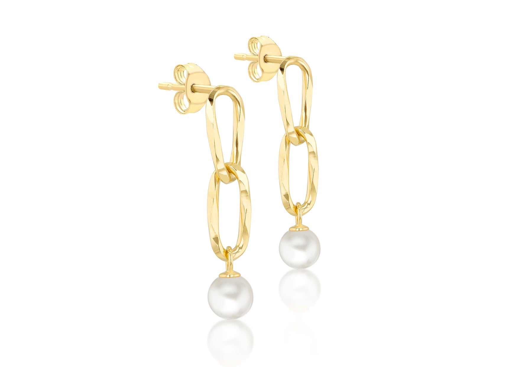 9K Yellow Gold Double Link Freshwater Pearl Drop Earrings
