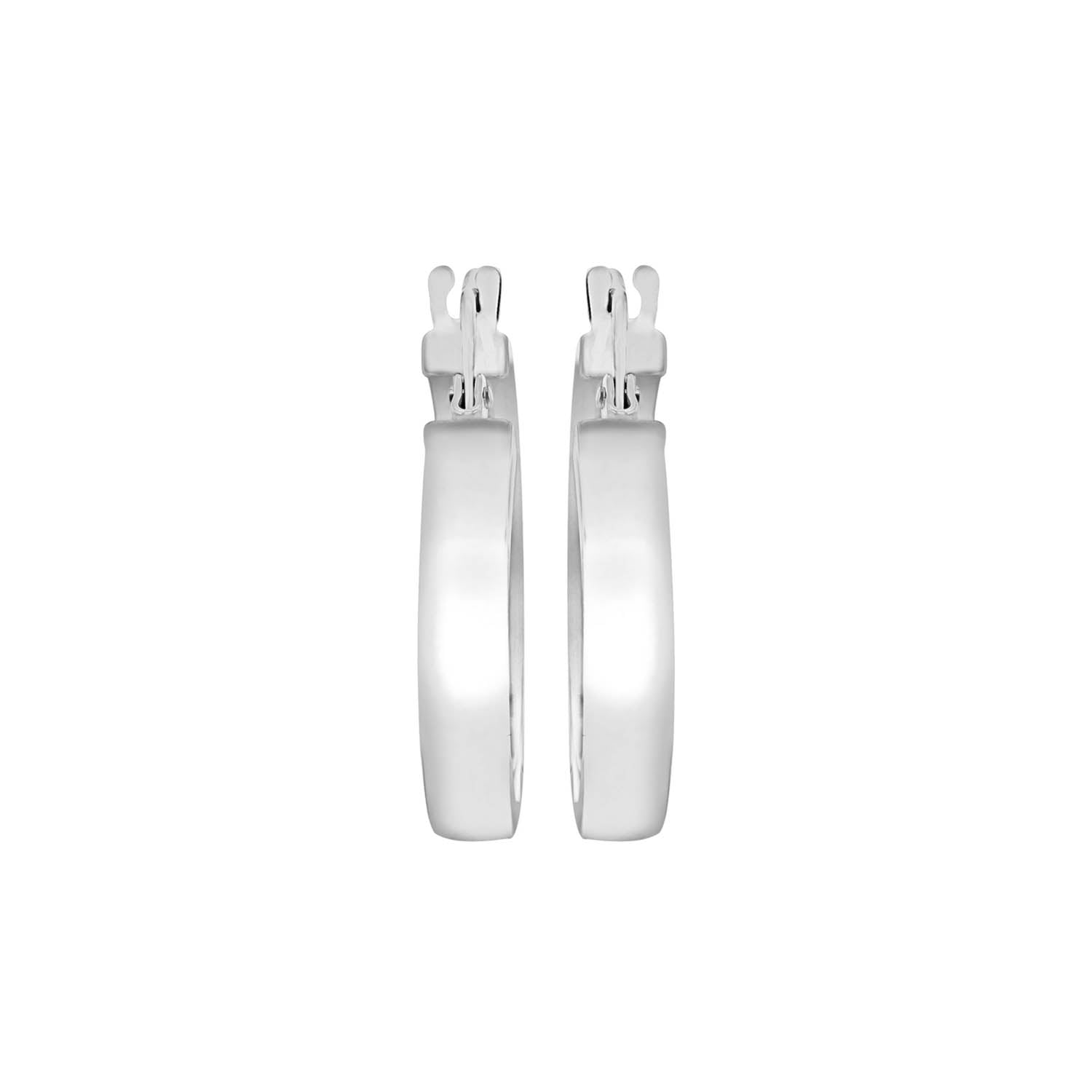9K White Gold 3mm Rectangular-Tube 15mm Hoop Creole Earrings