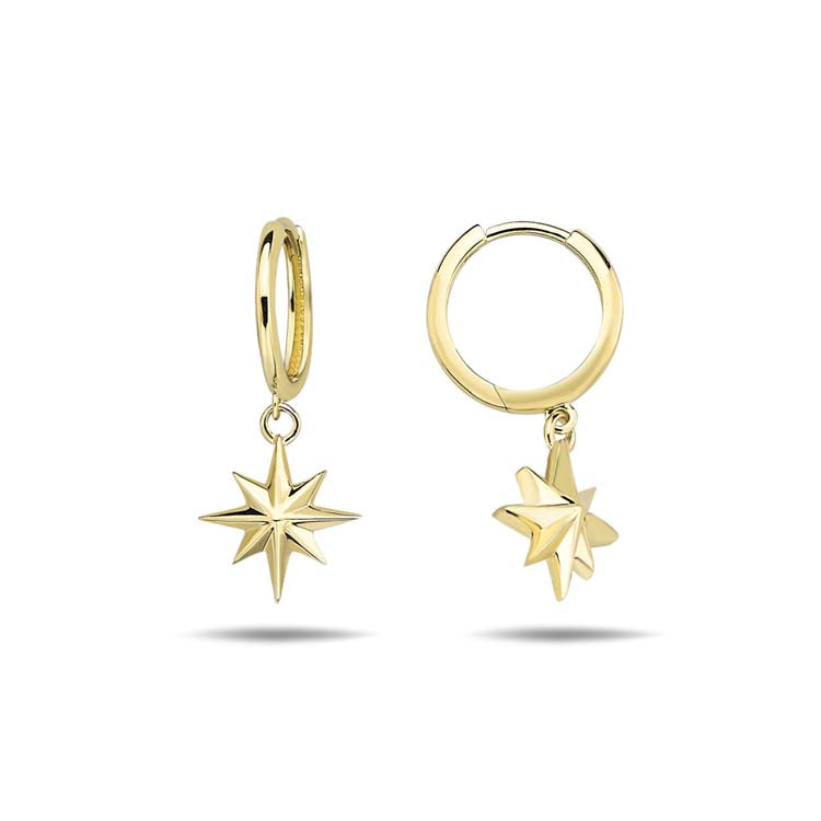 9K Yellow Gold Star Round Huggie Earrings