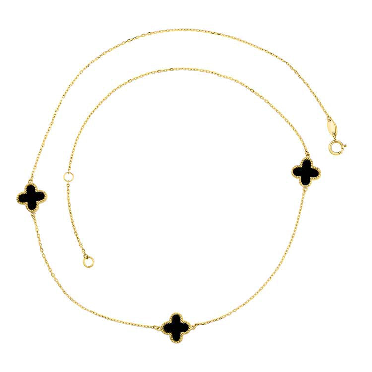 9K Yellow Gold Black Onyx Clover Necklace 45cm