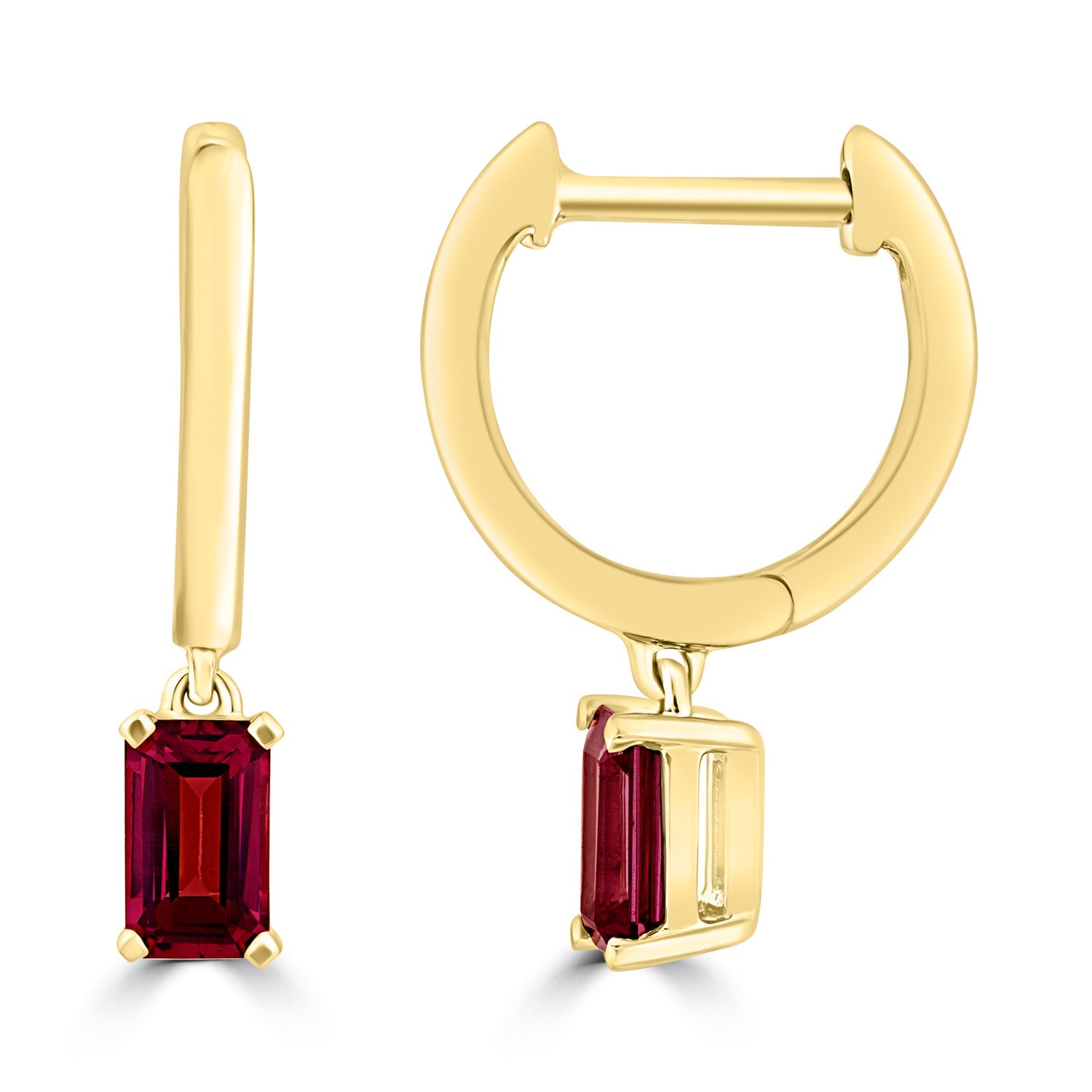 Emerald Cut Rhodolite Garnet Earrings in 9K Yellow Gold