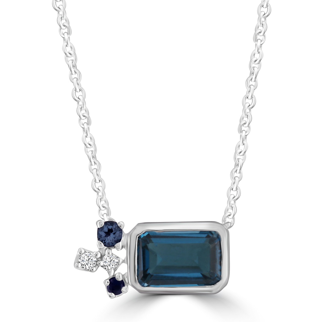 Diamond and Blue Topaz Necklace with 0.02ct Diamonds in 9K White Gold