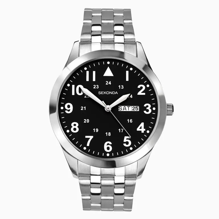 Sekonda Pilot Men's Watch | Silver Case & Stainless Steel Bracelet with Black Dial