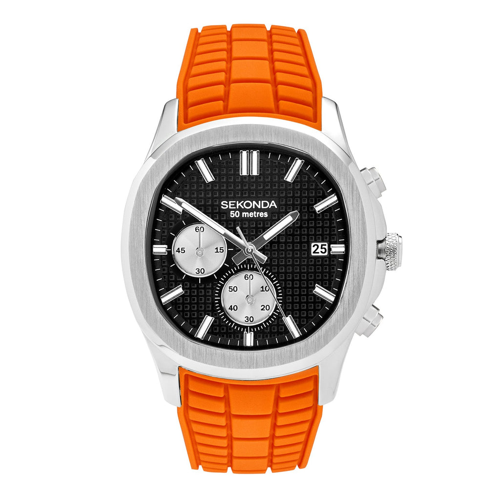Sekonda Mens Octaire Black Dial Orange Rubber 40mm Watch
