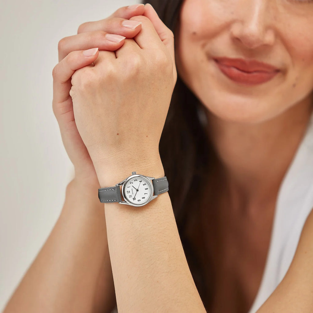 Women's Grey Leather Watch White Dial 25mm