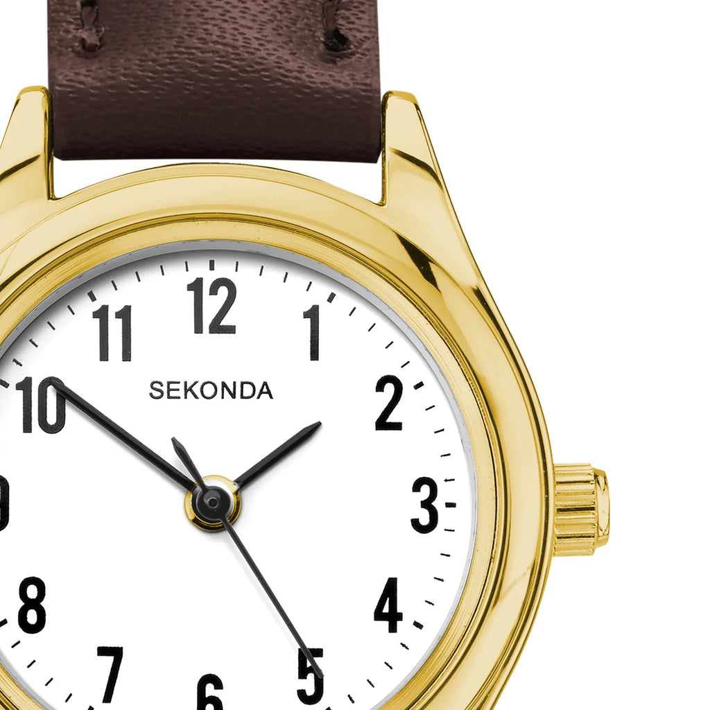 Women's Gold Watch Brown Leather Strap White Dial 25mm