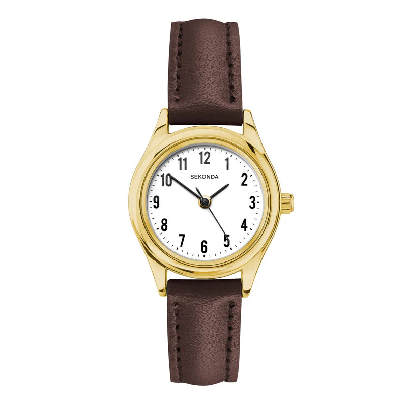 Women's Gold Watch Brown Leather Strap White Dial 25mm