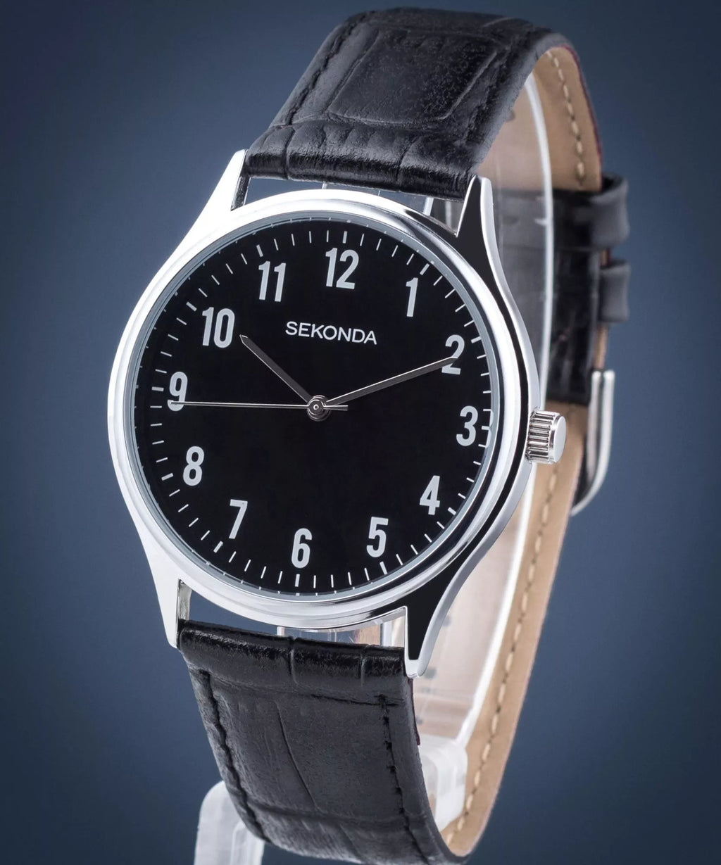SEKONDA WATCH BLACK DIAL WITH BLACK LEATHER BAND