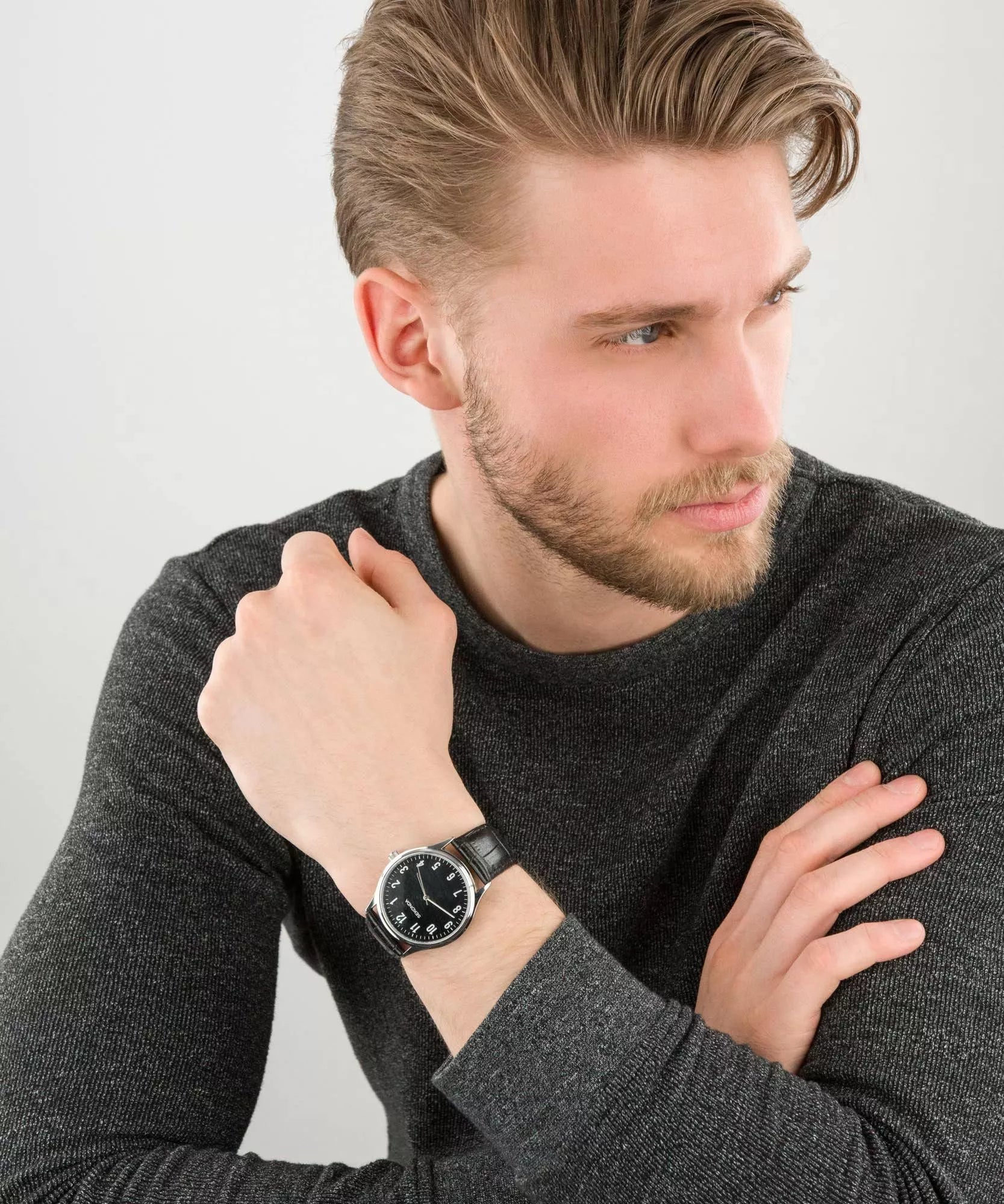 SEKONDA WATCH BLACK DIAL WITH BLACK LEATHER BAND